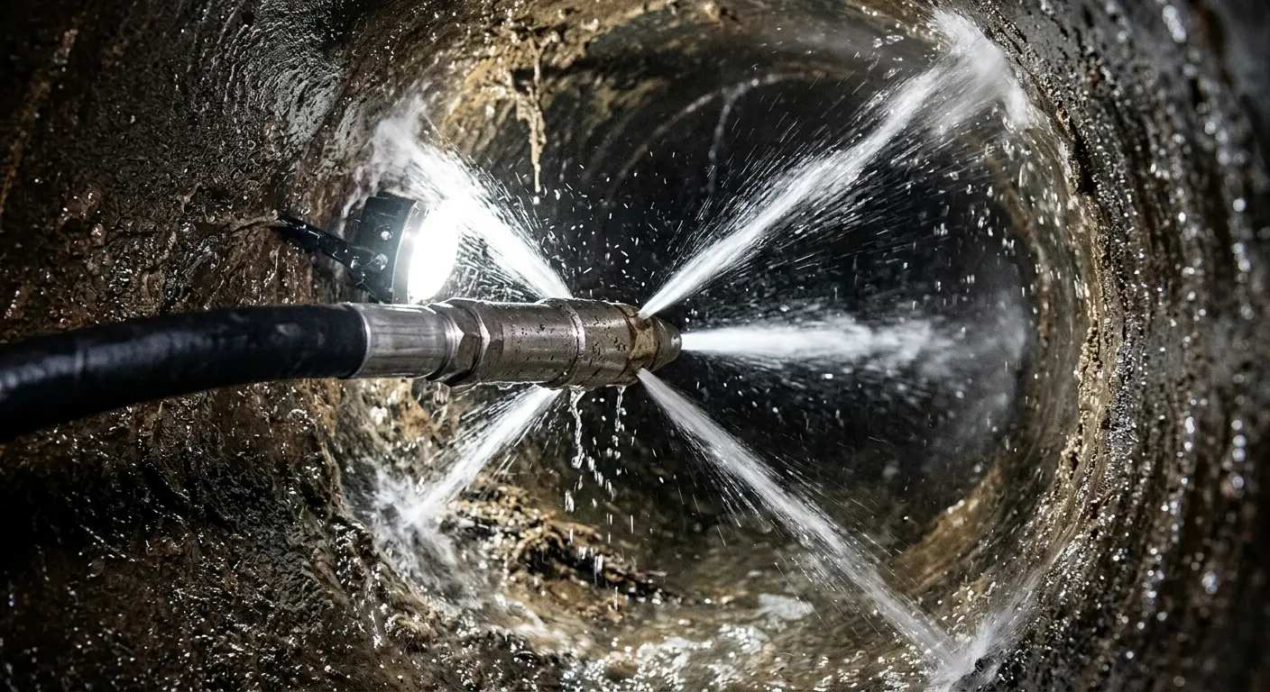 High-pressure hydro jetting nozzle cleaning sewer pipe for Emergency Drain Service in Windsor