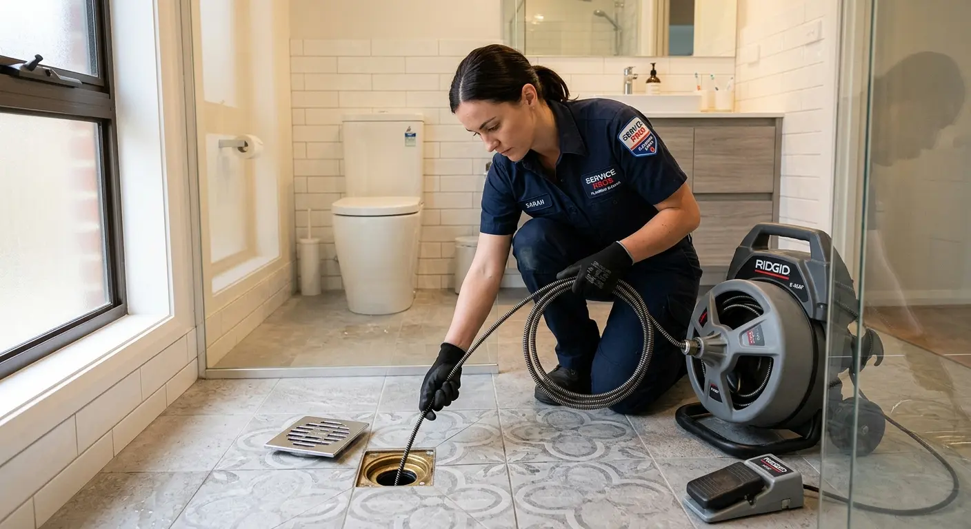 Technician clearing a bathroom floor drain for Sewer Line Replacement in Windsor
